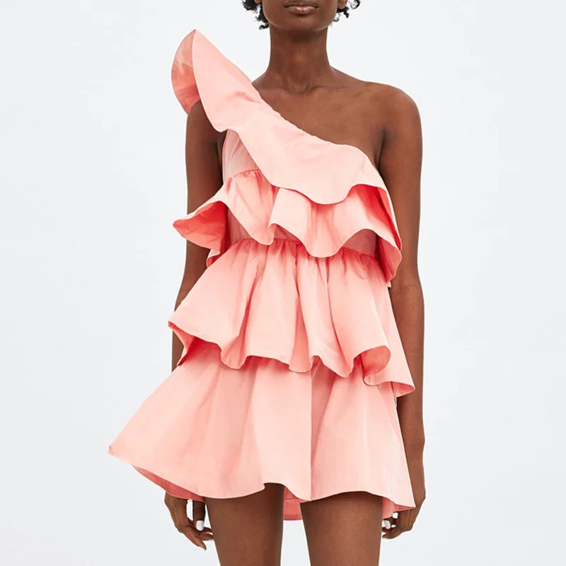 

Sexy One Shoulder Mini Dresses Womens Ruffles Decoration Body Summer Dress Women Sleeveless Bohemian Short Dresses Female EG16