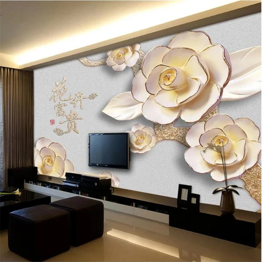 

beibehang Custom wallpaper 3d reliefs flowers rich fresco TV background wall paper Living room bedroom 3d papel de parede murals