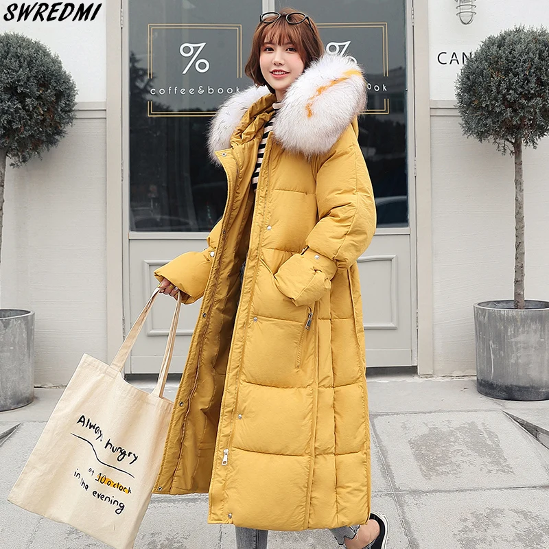

SWREDMI X-Long Winter Coat Women Large Fur Collar Wadded Jacket Loose Thicken Warm Parkas Hooded Oversize Winter Coats Outwear