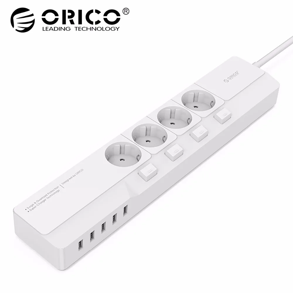 

ORICO Smart Power Strip 4 AC 5 USB Charging Ports 5V 2.4A Max Non-slip Surge Protector 2500W for Home Office