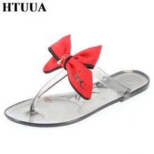 HTUUA/брендовые модные шлепанцы с большим бантом; женские сандалии; пляжные вьетнамки в стиле бохо; прозрачная обувь; повседневные летние сандалии на плоской подошве; SX2181