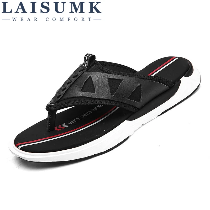 

LAISUMK New Arrival Summer Cool Men PU Leather Flip Flops British Style Boardered Beach Sandals Male Slippers Zapatos Hombre