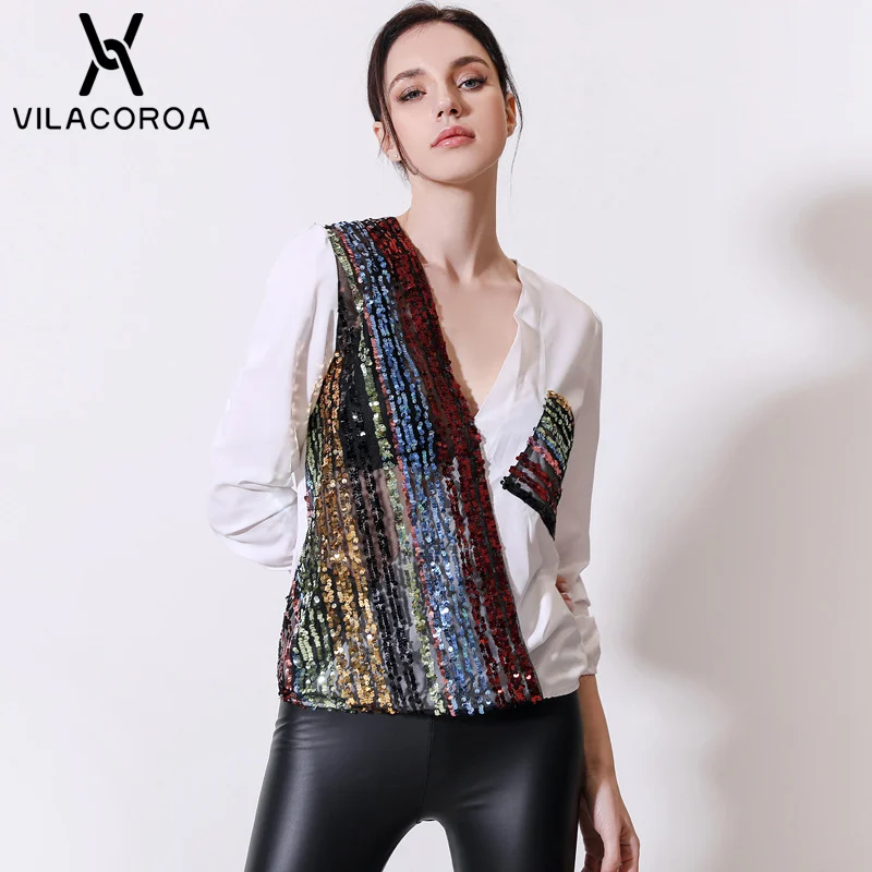 2019 новые весенние пайетки шифон свитер с длинными рукавами карманы Топы Sexy v-образным вырезом Регулярные рубашка белая блестки Крест