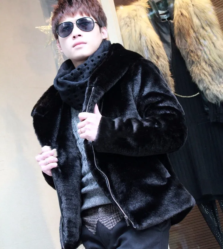 Зимние мужские пальто 6XL с капюшоном из искусственного меха норки, Мужская черная меховая верхняя одежда на молнии размера плюс, меховая куртка XXXL W634