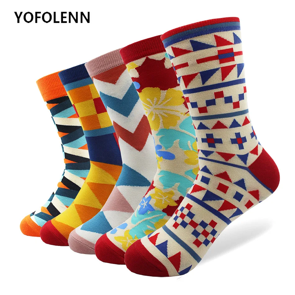 

5 pair/lot Men's Happy Funny Socks Bright Colorful Printing Maple Leaf Argyle Geometry Long Cotton High Quality Crew Socks