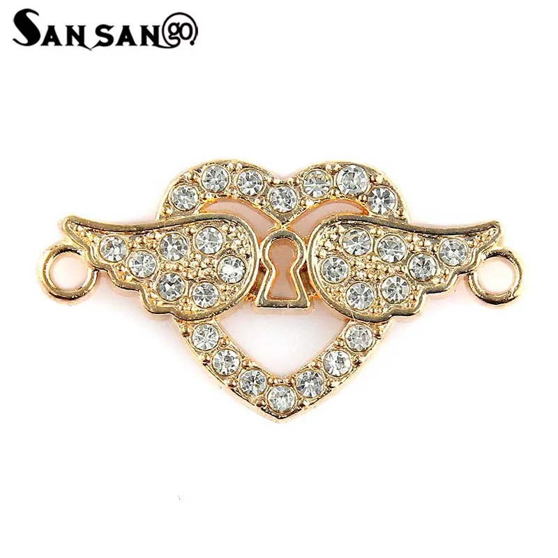 

10pcs Fashion Golden Crystal Love Heart Wings Connector Charm Beads Making DIY Necklace Bracelet Unisex Kids Jewelry Wholesale