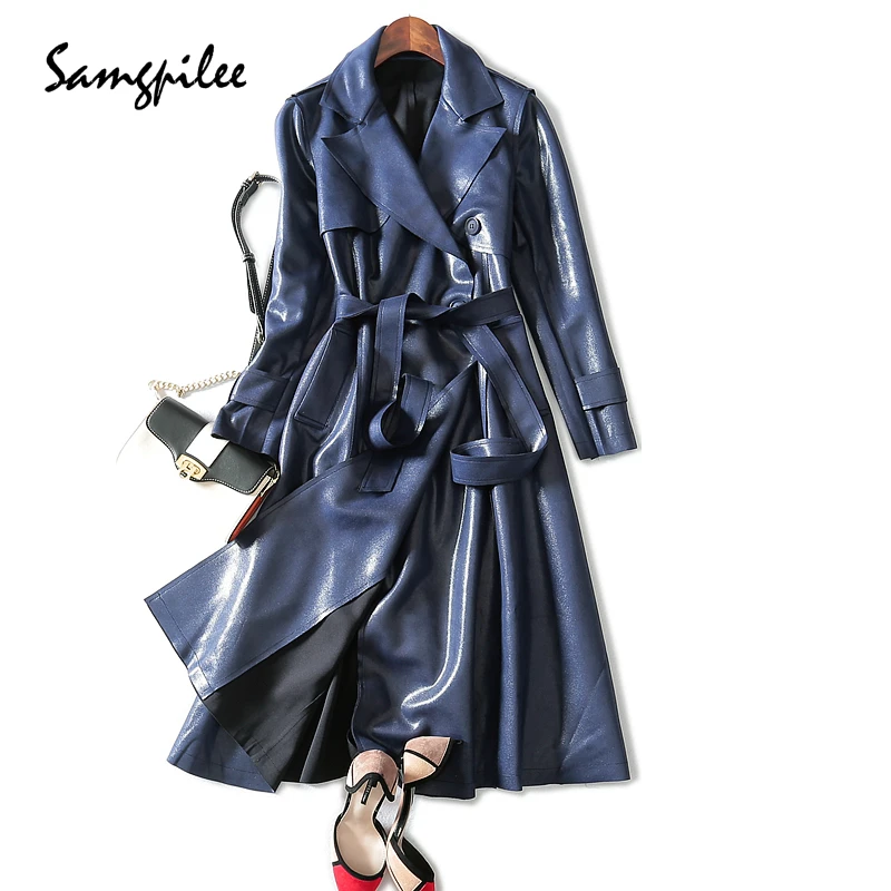 Mode Rabattu Longues Décontracté Solide Pleine Femmes 4xl Et L Nouvelle Tranchée Samgpilee 2018 Hiver Blue Automne Manches Col Tricoté Ceinture Mince 6qZxPXz