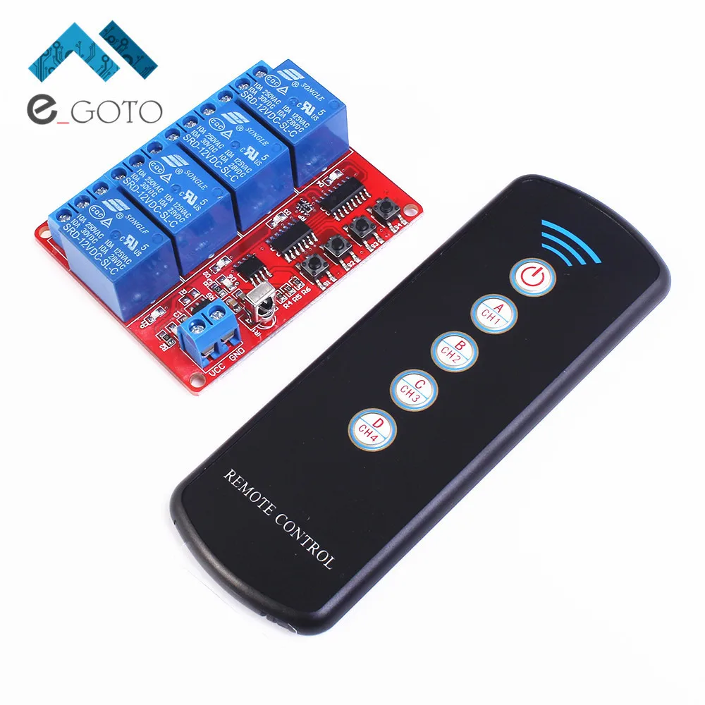 12V 4 Channel IR Infrared Receiver Board Delay Relay Driving Module 5 Key Remote Controller Self