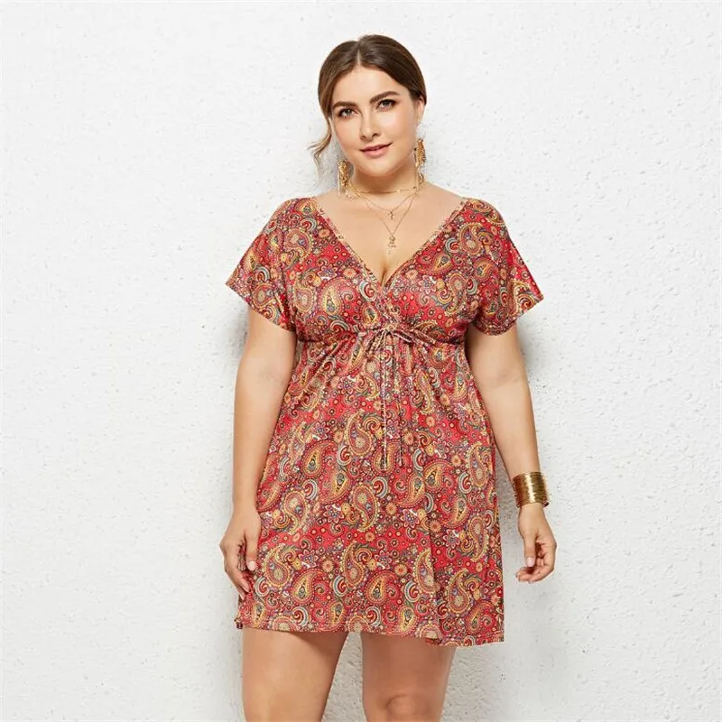 

Large Size Women Clothing 2019 New Summer Beach Dresses Women Print Loose Casual Dress Plus Size Sexy V-neck Mini Dress Vestidos