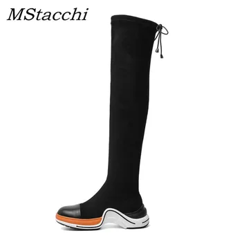 

MStacchi Fashion Elastic Fabric Platform Sock Shoes Woman Mixed Color Thick Bottom Flat Sneakers Sexy Ladies Over Knee High Boot