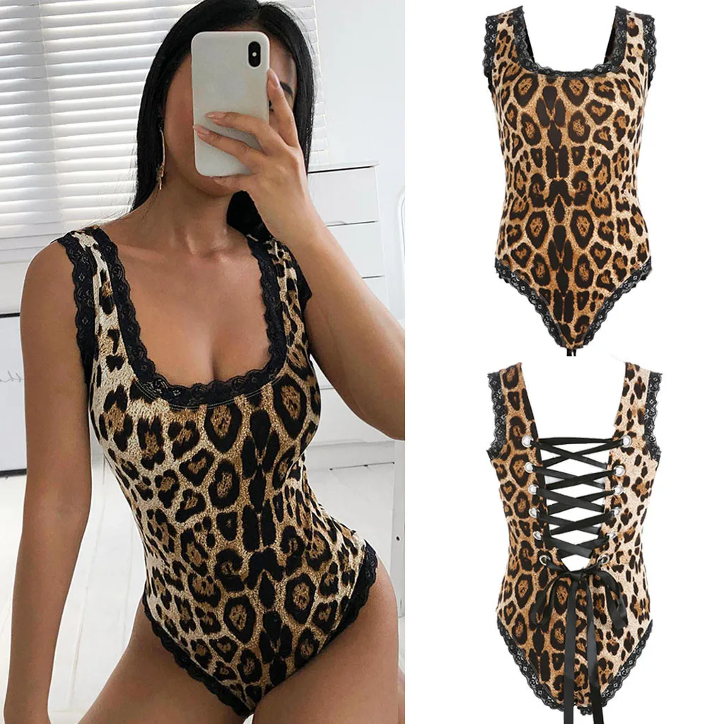 

Sexy Lace Womens Leopard Bodysuits Ribbons Wear Sleeveless Leopard Round Neckline Jumpsuit Bodysuit Tops jumpsuits for women