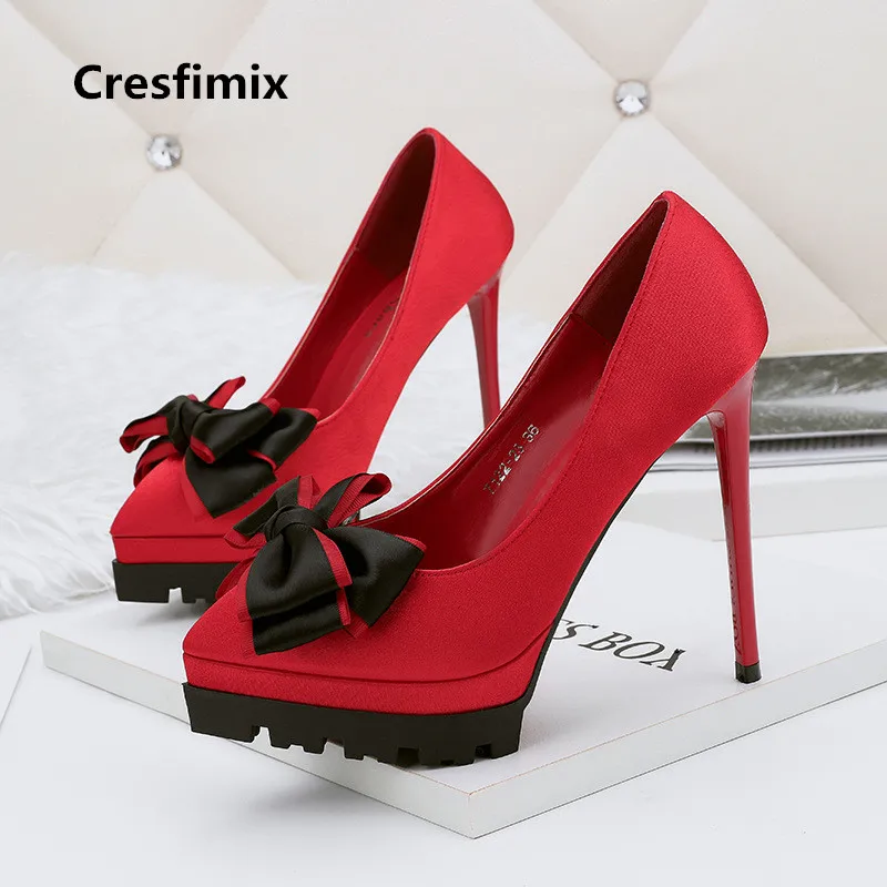 

Cresfimix femmes hauts talons woman cool stylish street shoes with bow tie lady fashion cute red wedding high heel shoes c2638
