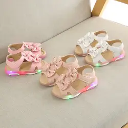 Летняя обувь для маленьких девочек; дышащая нескользящая обувь с бантом; Светодиодный светящиеся сандалии для малышей; мягкий