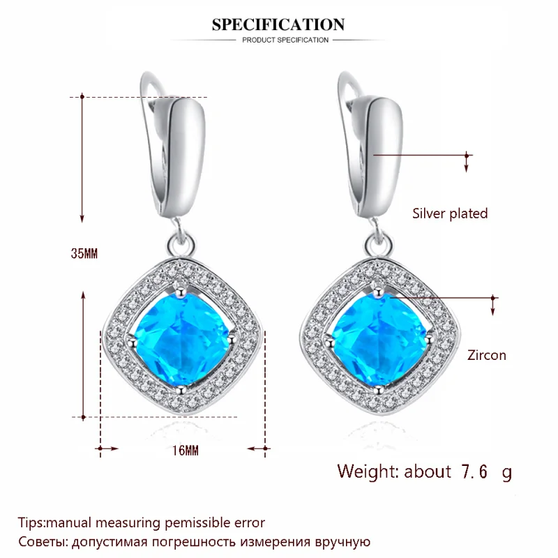 Голубой цирконий серьги для женщин Серебряные штампованные здоровья и красивая бижутерия висячие серьги JE1016A