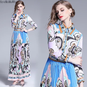 

AreMoMuWha 2019 Court Retro Contrast Print Long-sleeved Dress Female Pleated Dress Maxi Dresses for Women Elegant Dress QX1143