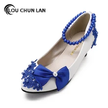 Wedding Shoes 3cm/5cm/8cm Heel White Pearl Bride Bridesmaid performance blue Bow Formal Dress Shoes Women Pumps Free Shipping