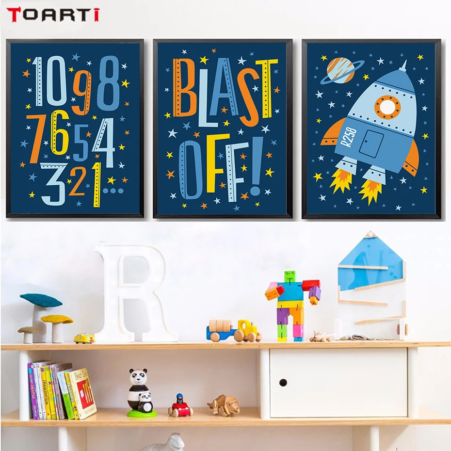 Cartoon Boy's Space Rocket A4 Canvas Art Painting (4)