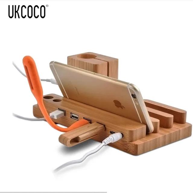 Madeira Suporte de Mesa Esta o De Carregamento USB Carregador de 3 Portas USB Para iPhone