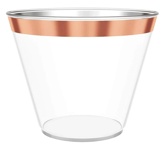 25 Glittered 9 oz Clear Plastic Disposable Cups with Gold Trim