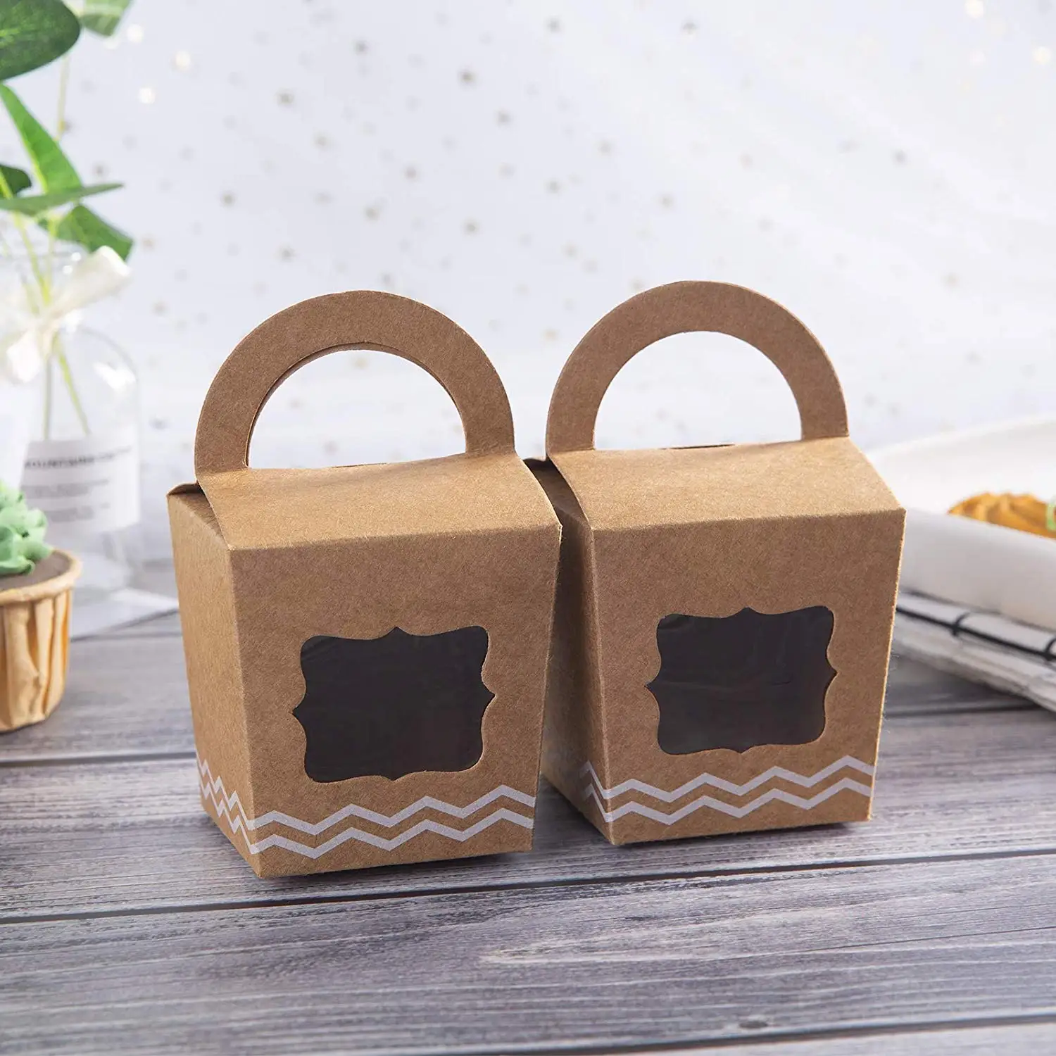 

METABLE 24pcs Mini Cupcake Boxes Individual Containers With Handle and PVC Window,Disposable Kraft Paper Cupcake Holders