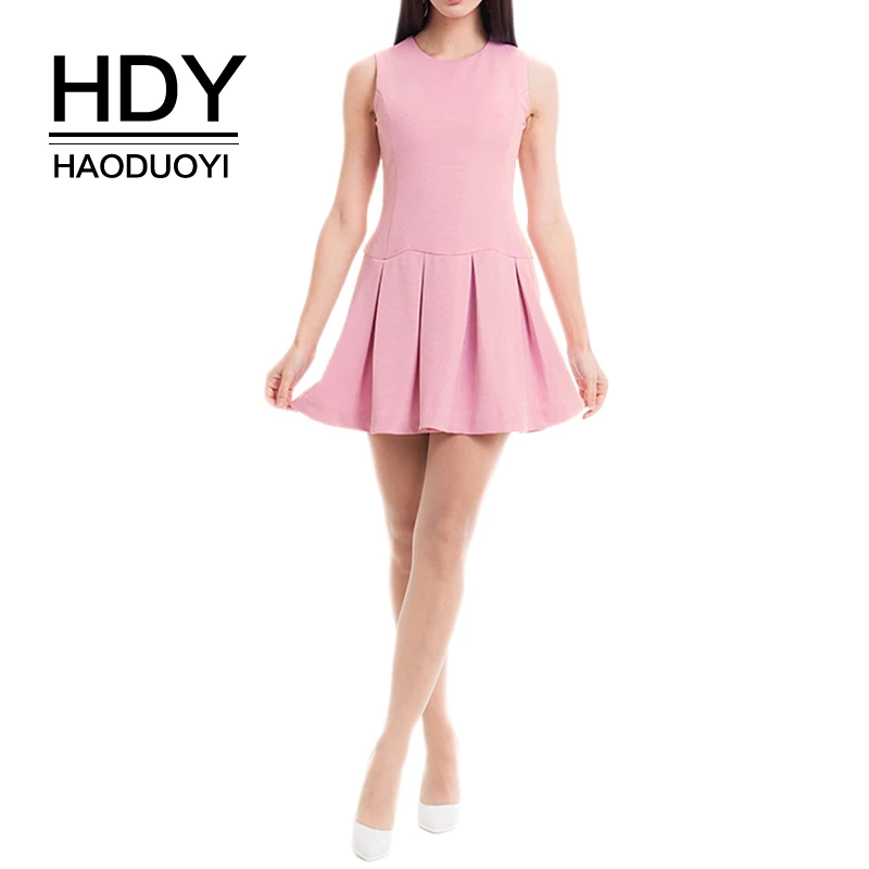 HDY Haoduoyi New Autumn Temperament Dress Slim Pleated Hem Sleeveless A-line Sweet Round Neck Folds Versatile Solid Color | Женская