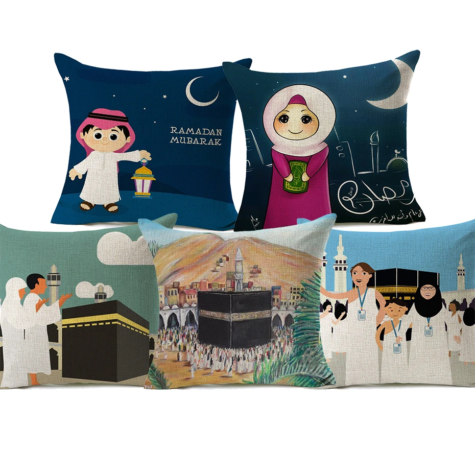 

Cartoon Ramadan Mubarak Cushion Covers Islam Muslim Culture Moon And Stars Cushion Cover Decorative Linen Pillowcase