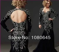 2014 Luxury Black Lace Rhinestone Swarovski Mermaid Formal Mother Of The Bride Evening Dresses Open Back With Long Sleeves S68