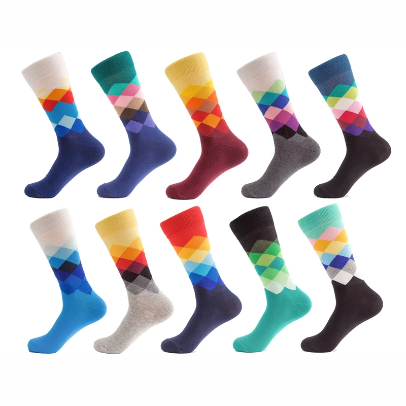 

5 Pair/Lot Brand Quality Mens Happy Socks 10 Colors Colorful Diamond Funny Socks Men Combed Cotton Calcetines Largos Hombre