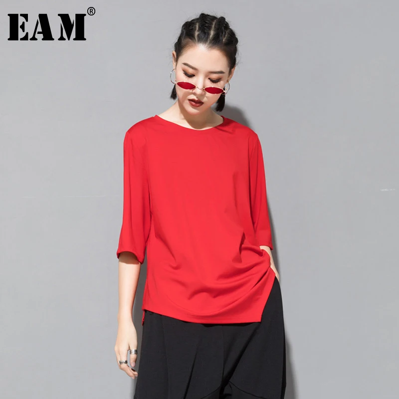 

[EAM] 2019 New Spring Summer Round Neck Three Quarter Sleeve Black Irregular Split Joint Loose T-shirt Women Fashion Tide JS996