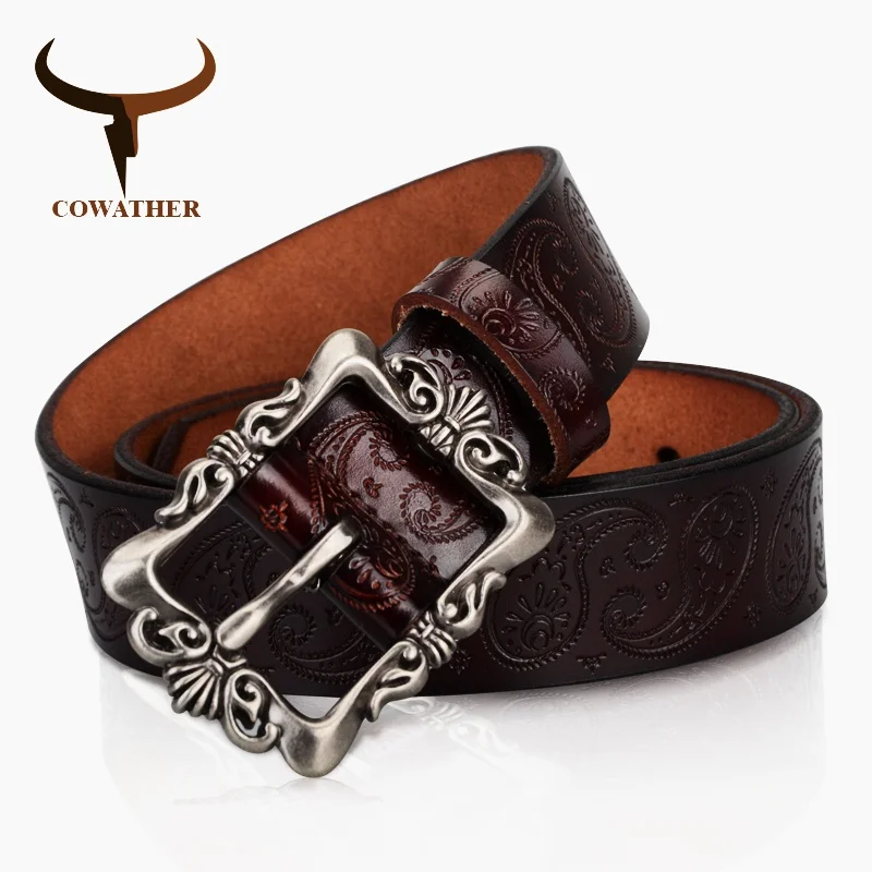 COWATHER 2017 cow genuine leather belts for Women luxury strap female belt Cashew flowers high quality pin buckle 3.2cm XF022