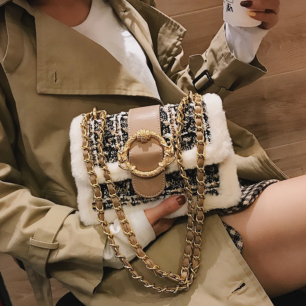 

Luxury Women Bolsa Rabbit Hair Bolsas Feminina Borse Da Donna Chain Ladies Handbag Winter Mujer Crossbody Bags Torebki Damskie