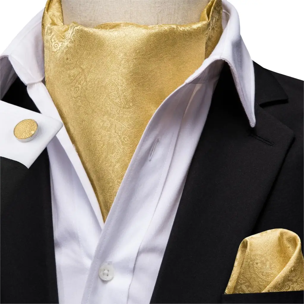 Hi-Tie Men Solid Yellow Ascot Gold Cravat Silk Scarf Ties Pocket Square Cufflinks Set Designer for Party Wedding Tie AS-1006