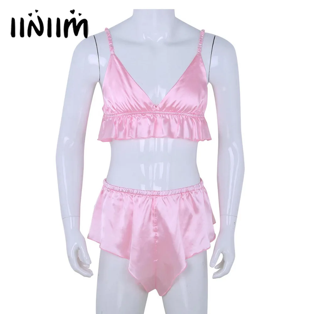 iiniim Mens Soft Shiny Satin Ruffled Frilly Bra Top Sissy Skirted Bikini Briefs 2Pcs Lingerie Set Girly Costume Underwear 