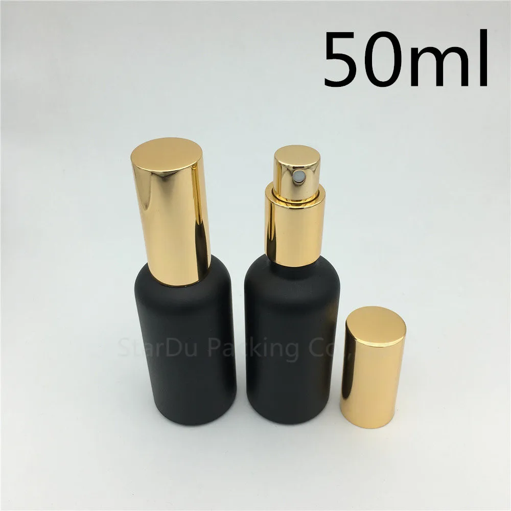 Free Shipping 200pcs 50ml black Frosted glass bottle with gold aluminum sprayer, Essential Oil