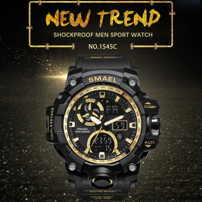 SMAEL Sport Watches for Men Waterproof LED Digital Watch Men's Wristwatch Clock Man 1545C Big Mens Watches Military montre homme