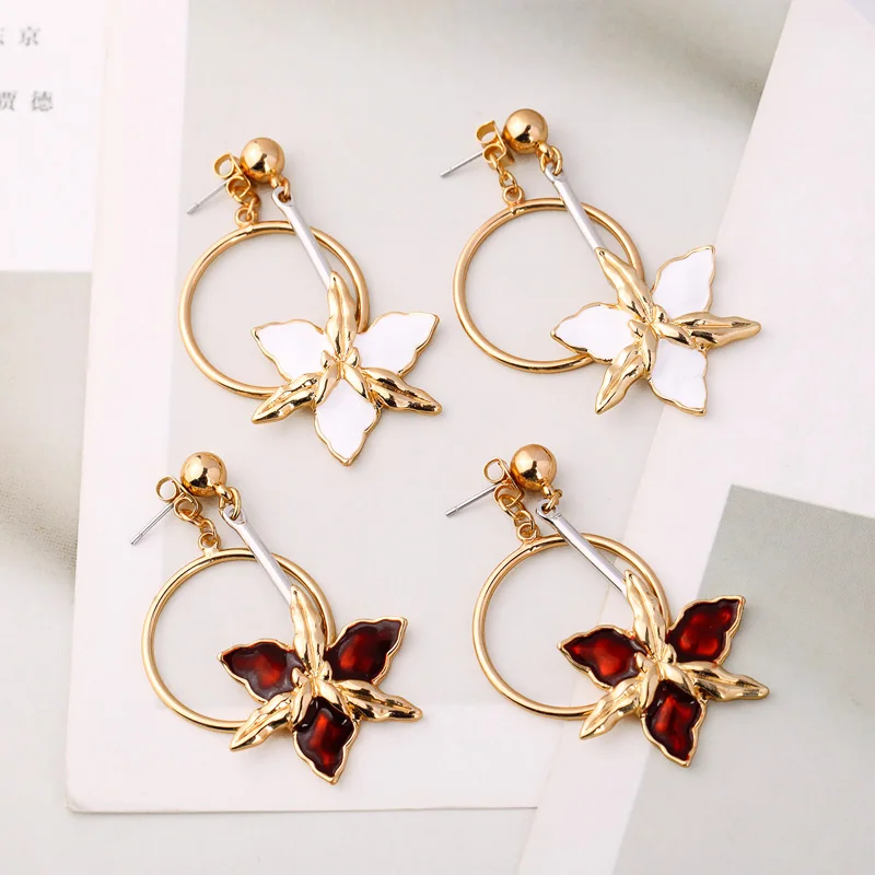 

kissme Exquisite Two-color Enamel Flower Round Circle Drop Earrings For Women Gifts Gold Color Brass Dangle Earrings Accessory
