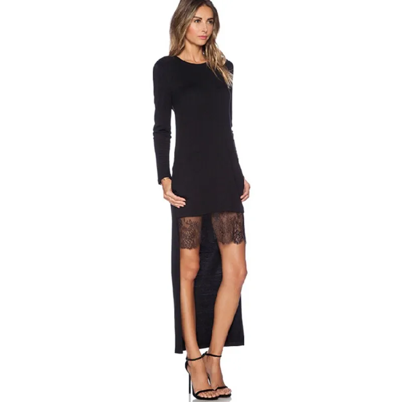 Lace Patchwork Asymmetrical Dress desigual Fashion Women O-neck Long Sleeve Elegant Black Dress vestido (2)
