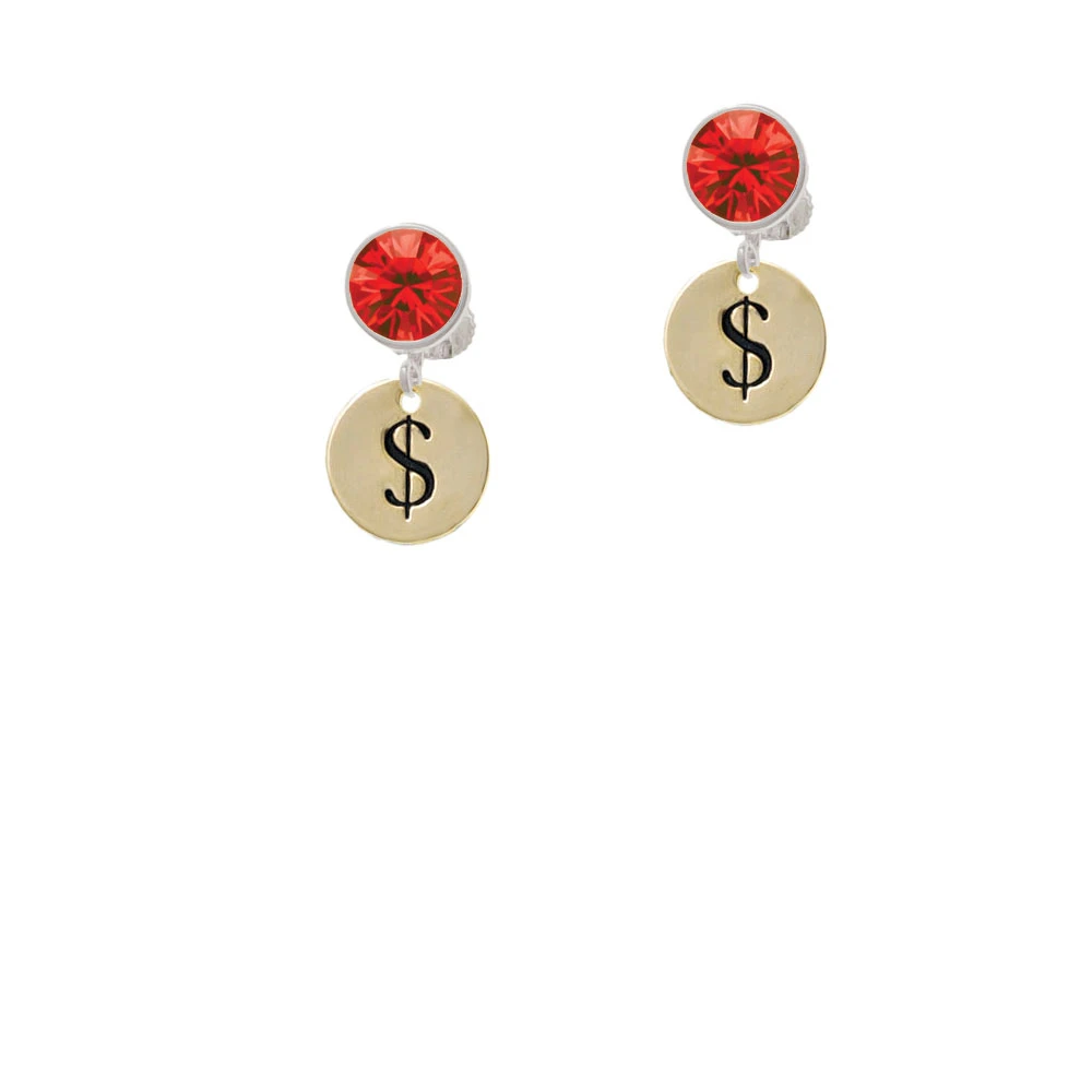 Gold Tone Disc 1/2'' - Symbol - Dollar Sign - $ - Crystal Clip On Earrings (4)