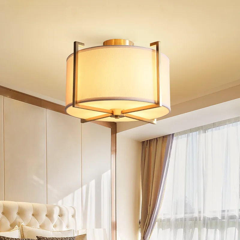 

Lampshade LED Copper Living Room Ceiling Light Household Study Hanglamp Bedroom Circular Cloth Cover Nordic Hanging Lamp Fixture