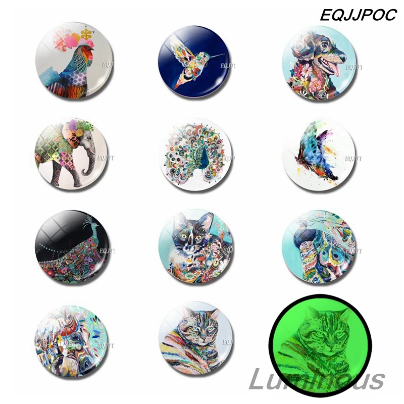 

Luminous Animals Fridge Magnet Set 25 MM Glass Magnetic Refrigerator Magnets Home Decor Dog Chicken Horse Butterfly Peacock Cat