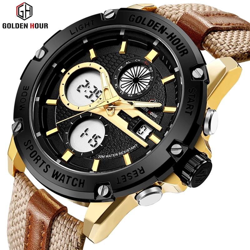 

GOLDENHOUR New Watch Men Fashion Analog Digital Outdoor Sport Waterproof Army Military Brown Nylon Strap Wrist Watch Male Clock