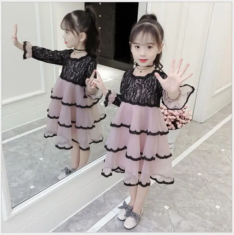 

2018 autumn girls long sleeve lace layered dress for birthday party elegant teens girl school dress flare sleeve tulle clothing