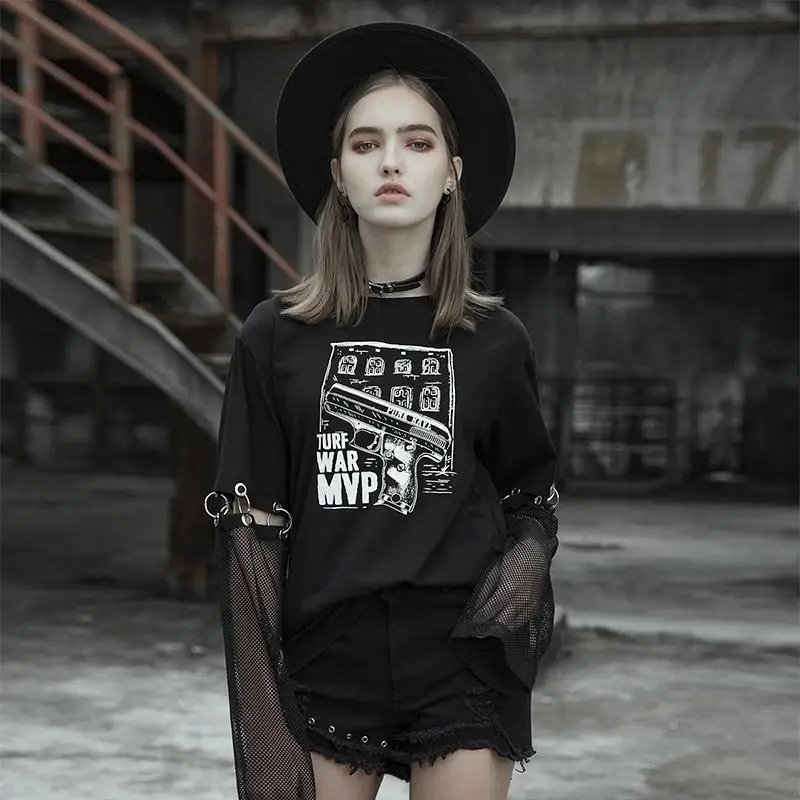 

Punk Rave Women's Goth Printed Loose Black T-Shirt With Detachable Sleeves PT356