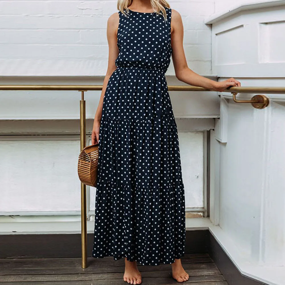 

Boho Maxi Dress 2019 Women Casual Dot Printing O-Neck Sleeveless Evening Party Long Dress Fashion Summer A-Line Dress vestidos