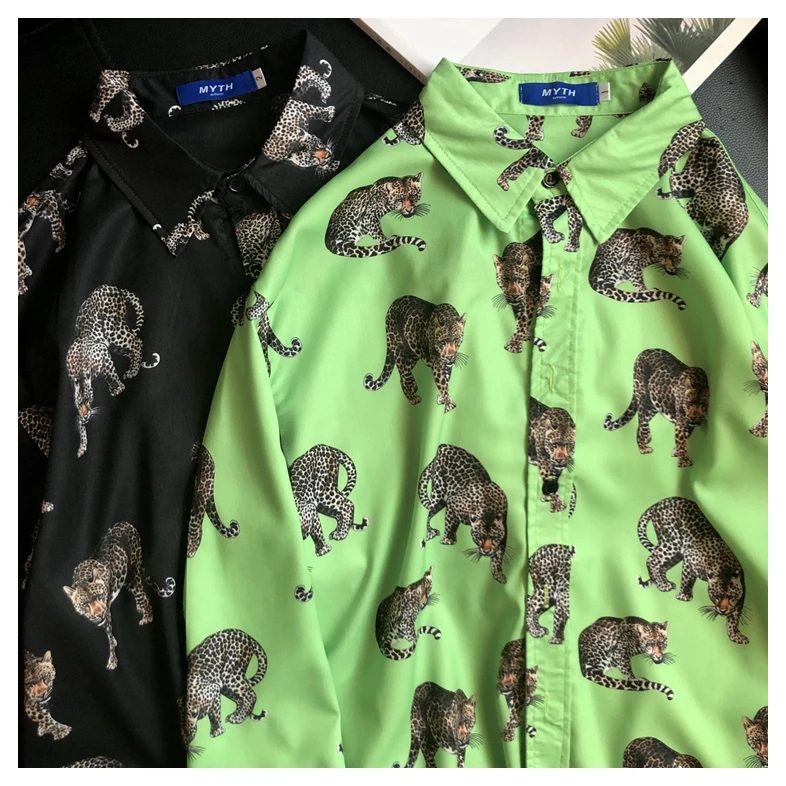Весенние Рубашки с длинным рукавом и отложным воротником зеленого цвета с животным принтом в японском и корейском стиле Харадзюку, мужские рубашки с леопардовым принтом больших размеров, мешковатые рубашки