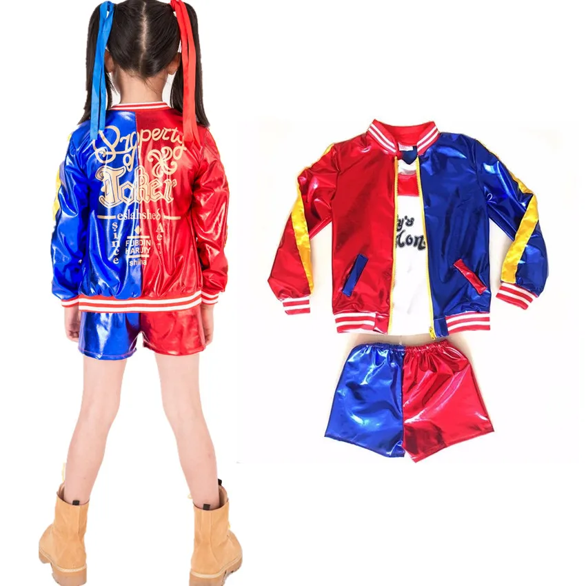Ceny Hot 3 sztuk Harley Quinn kostium kurtka koszulka Tee kobiet sexy wiązane samobójstwo Squad Cosplay kostium na Halloween dla dzieci dziewczyna