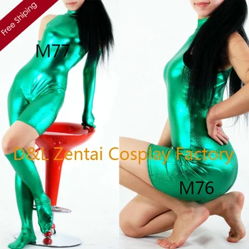 

Free Shipping DHL Sexy Fancy Dress Women Unitard Green Shiny Metallic Spandex Catsuits for Woman with Gloves and Socks