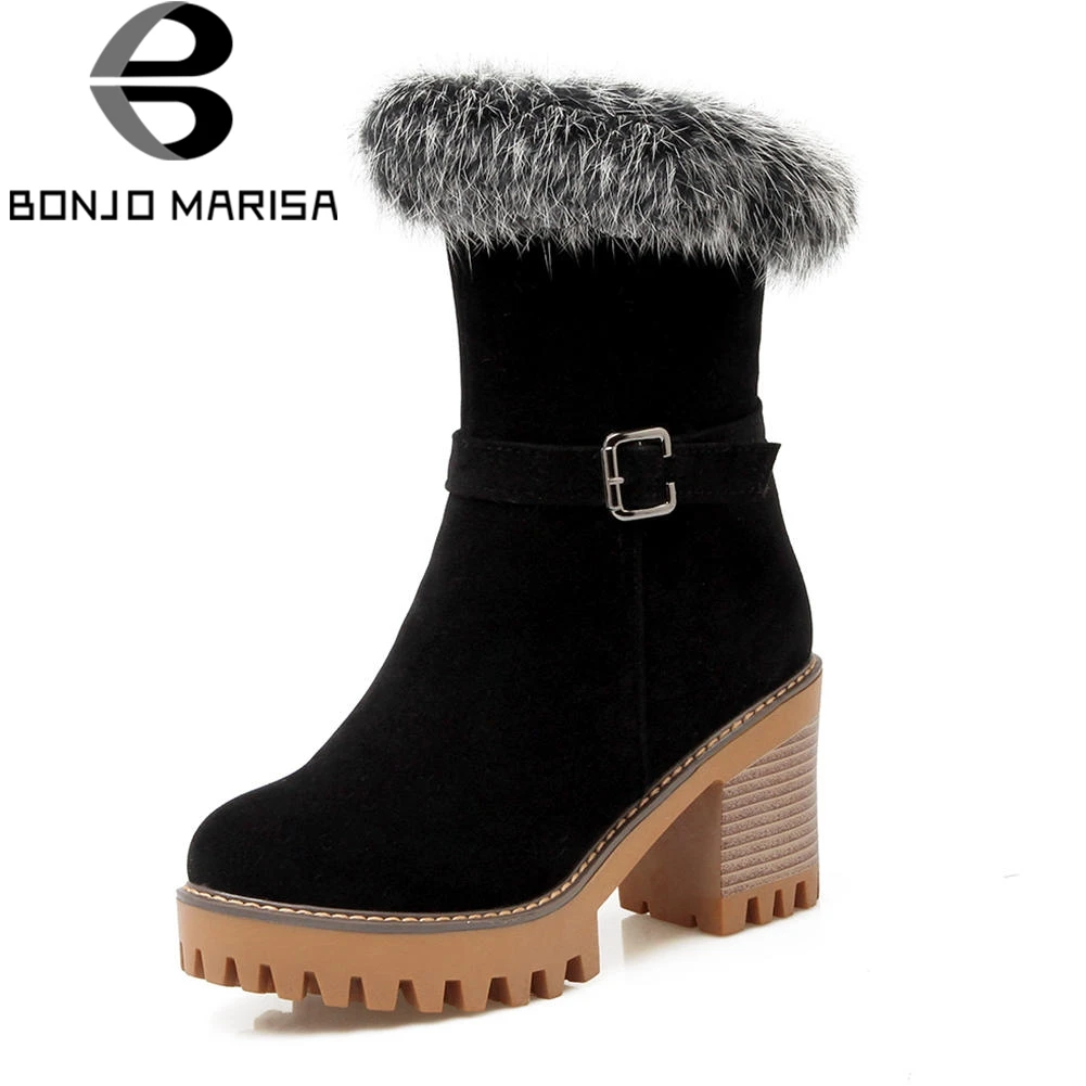 

BONJOMARISA 2019 New Solid Black Warm Plush Platform Boots Boots Women Winter High Heels Faux Fur Shoes Woman Large Size 33-43
