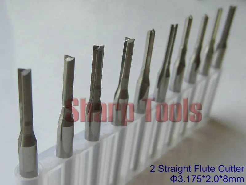 

Sharp 10pc 3.175x2.0x8mm 2 Straight Flute Cutter, Solid Carbide Cutting Tools, MDF Bits for Foam, EVA, Wood, Acrylic CNC Machine