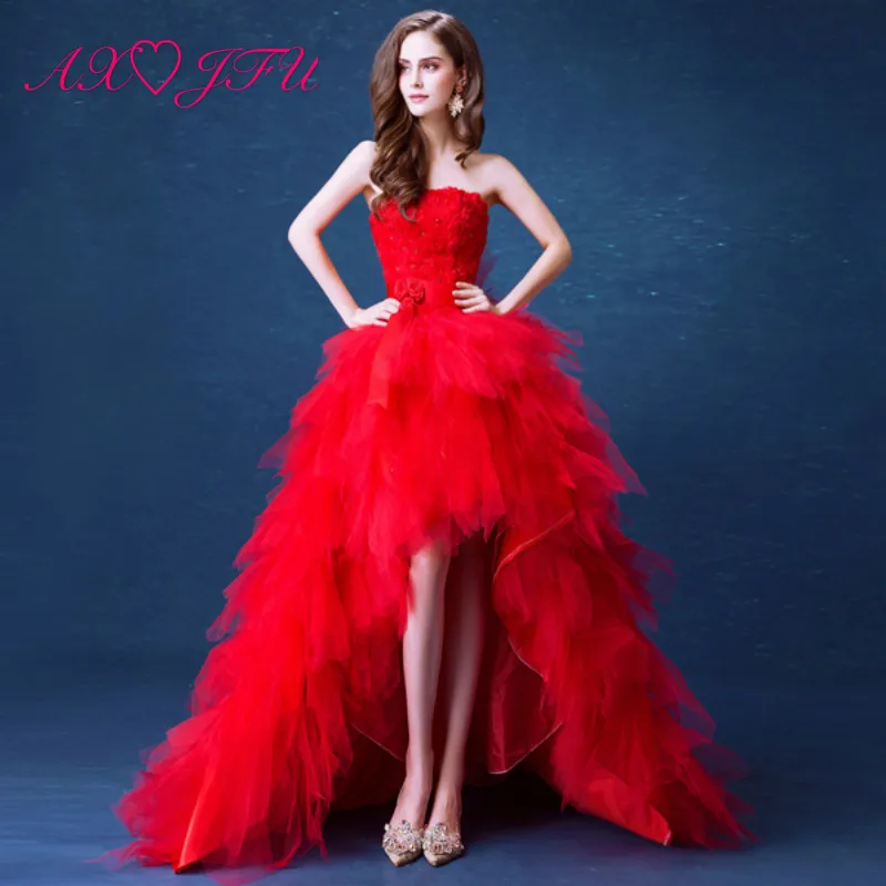 

AXJFU Red rose Lace before long and short tailed bride evening dress dinner toast strapless flower beading evening dress 2130